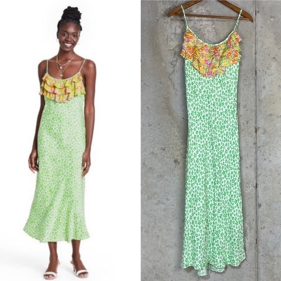 Rixo target bright green leopard orange floral sleeveless midi slip dress - Picture 1 of 7